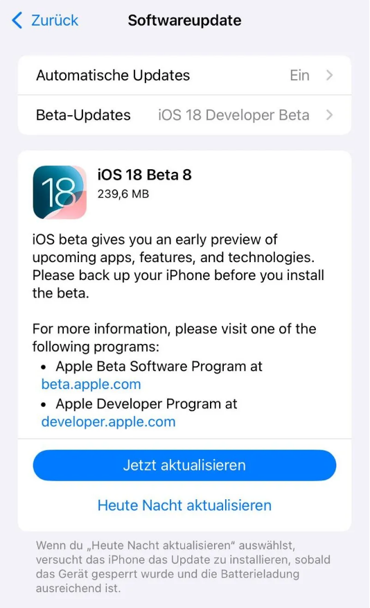 通渭苹果手机维修分享苹果 iOS / iPadOS 18 开发者预览版 Beta 8 发布 